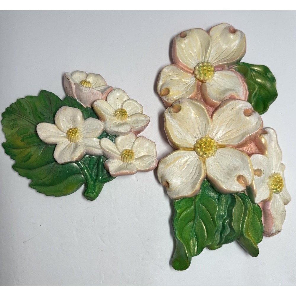 Vintage 1968 Miller Studio Dogwood Flower Chalkware‎ Wall Plaques Set of 2 MCM